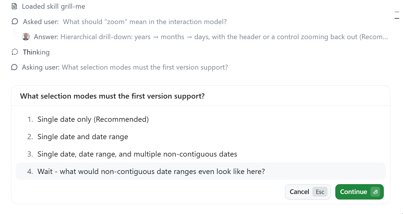 날짜 선택기에 대해 확인 질문을 던지는 GitHub Copilot 플랜 모드.